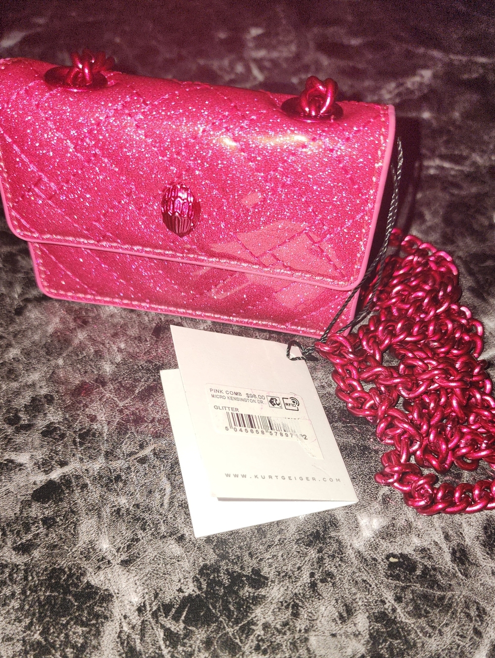 Kurt Geiger Hot Pink Glitter Mini Chain Crossbody